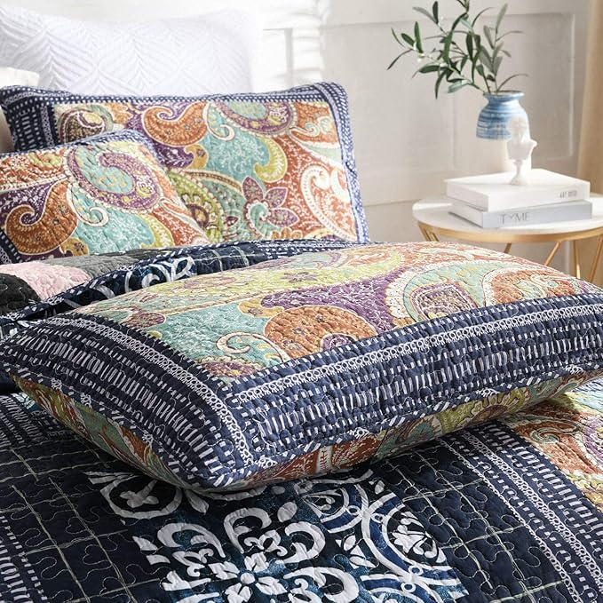 NEWLAKE Bedspread Quilt Set with Real Stitched Embroidery, Paisley Grid Pattern,Queen Size