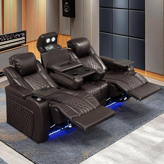 Home Theater Seating, Living Room, Powered Headrest, Powered Lumbar, Italian Leather, Powered Recline, Single Recliner (Coffee Color, Row of 3 Console)