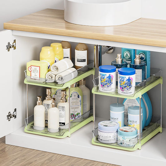 Delamu 2 Sets of 2-Tier Multi-Purpose Bathroom Under Sink Organizers and Storage, Stackable Kitchen Pantry Organization, Pull Out Medicine Cabinet Organizer with 8 Movable Dividers, Green