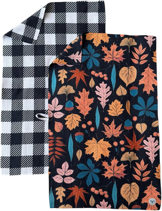 2 Pack || Double Sided|| Not Your Ordinary Kitchen Towels || Dish Towels || Quick Dry || Waffle Weave Microfiber || Designer Prints || Highly Absorbent || Hanging Hook (Fall Leaves Black)
