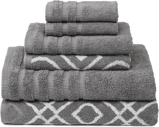 Modern Threads Oxford 6-Piece 100% Cotton Towel Set – Yarn Dyed Jacquard & Solid – Includes 2 Bath Towels, 2 Hand Towels, 2 Washcloths – Absorbent, Quick Dry, Soft & Durable – Gray