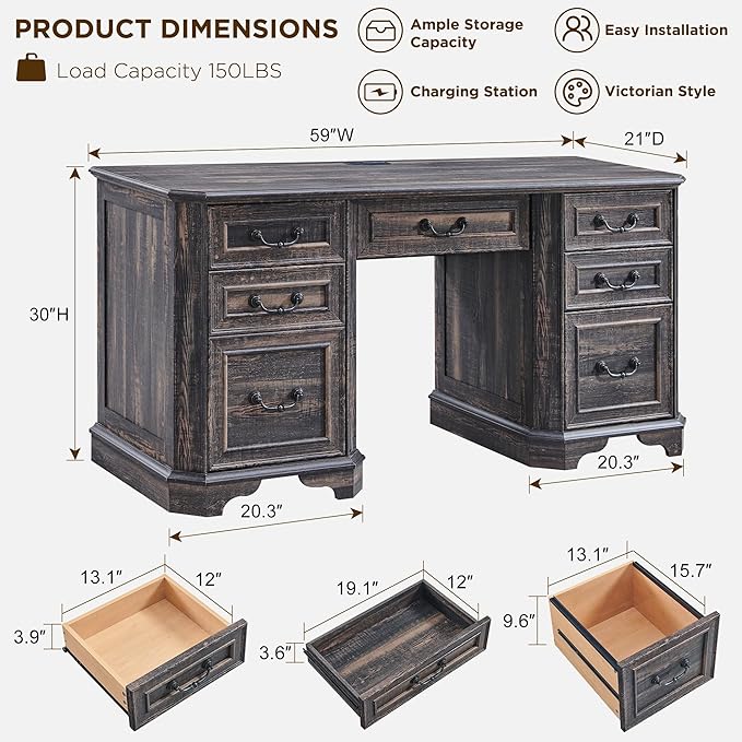 T4TREAM 59" Farmhouse Executive Desk with Drawers,Wood Home Office Computer Desk, Featuring Keyboard Tray,Charging Station,File Drawer, Storage Cabinet,for Work and Study (Dark Rustic Oak)