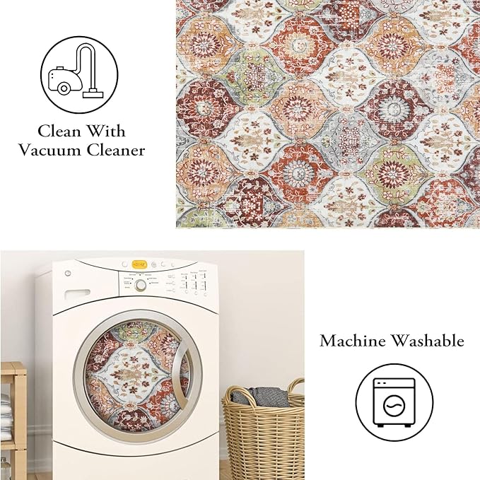 Lahome Moroccan Trellis Hallway Rug, 2x5 Washable Runner Rug Non Slip Kitchen Runners for Hallways, Ultra-Thin Vintage Carpet for Bedroom Bathroom Entryway, Orange/Terracotta