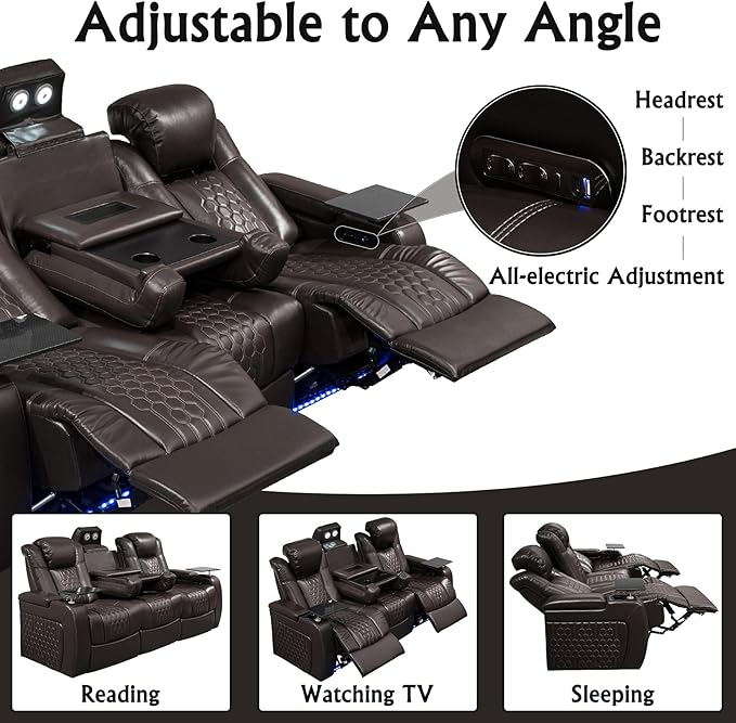 Home Theater Seating, Living Room, Powered Headrest, Powered Lumbar, Italian Leather, Powered Recline, Single Recliner (Coffee Color, Row of 3 Console)