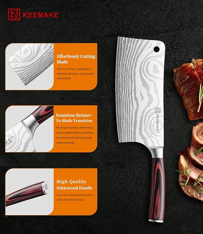 KEEMAKE Meat Cleaver Knife 7-Inch Razor Sharp High Carbon Steel Kitchen Knife, Butcher Knife Perfect for Chopping Meat & Veggies, Pakkawood Handle Ideal for Home & Professional Chefs, W/Sheath