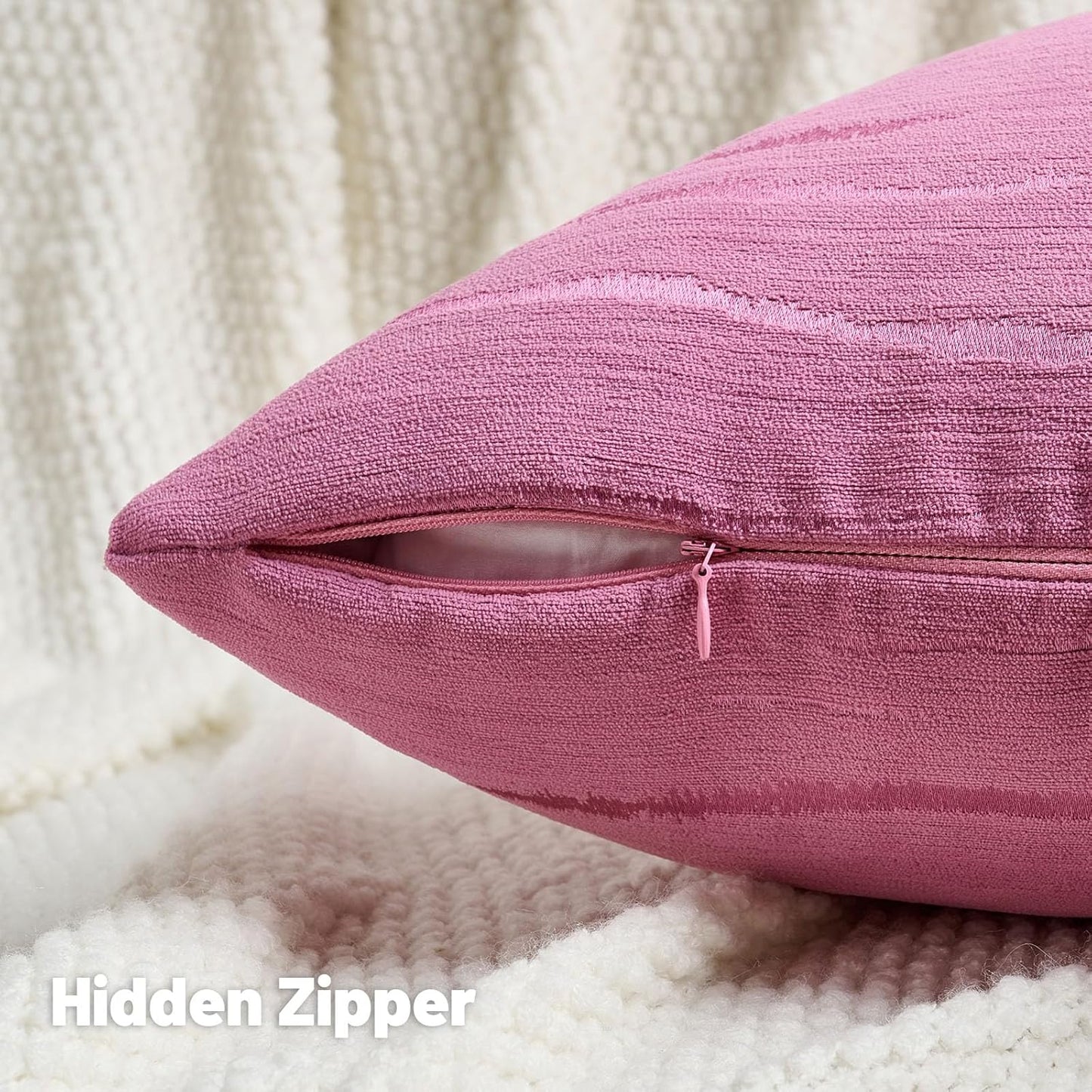 FUTEI Hot Pink Chenille Decorative Throw Pillow Covers 16x16 Inch Set of 2,Soft Embossed Striped Textured Cushion Case,Modern Home Decor for Couch Bed Living Room
