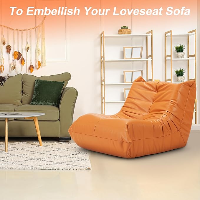 Hobestluk Giant Bean Bag Chair Lazy Floor Sofa, Memory Foam Fireside Sofa for Adults, Big Beanbag Faux Leather Armless Chair for Living Room Bedroom Dorm Office (Orange, Single)