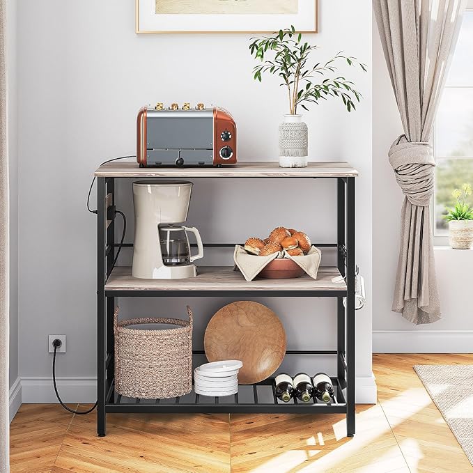 HOOBRO Kitchen Island with Storage, Kitchen Island Table with Power Outlet, 3 Tier Coffee Station and Microwave Stand, for Home, Dining Room, Greige and Black BG021ZD01