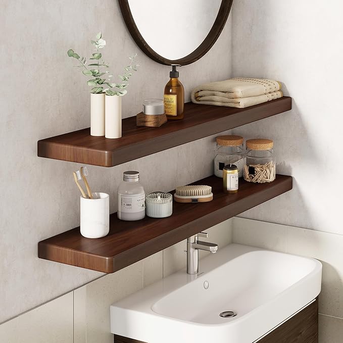 36" Rustic Walnut Wood Floating Shelves, 8 Inch Deep Wall Shelves for Home Decor, Wall Mounted Floating Shelf with Invisible Bracket, Heavy-Duty Storagefor Living Room, Bedroom, Kitchen, Set of 2