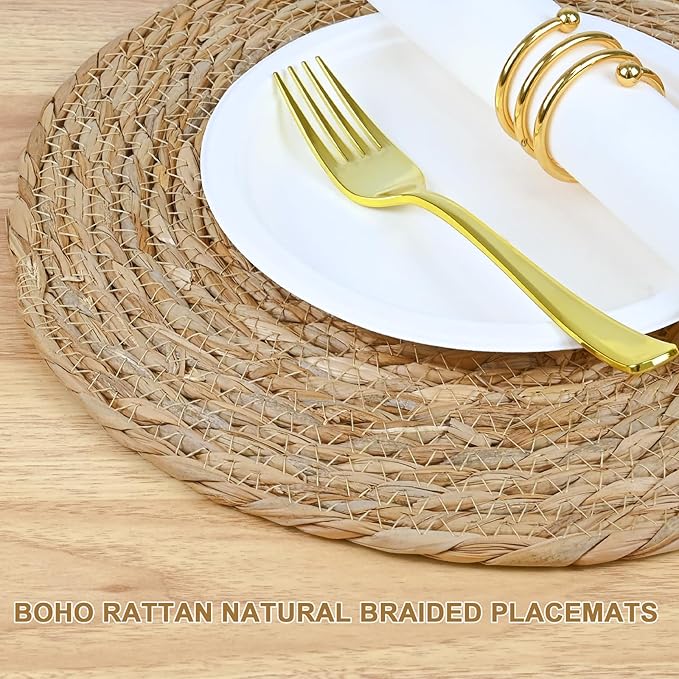 Round Woven Placemats 12 Inch Set of 10, Natural Fiber Braided Rattan Table Mats | Boho Wicker Placemats for Dining | Farmhouse Kitchen Home Decor