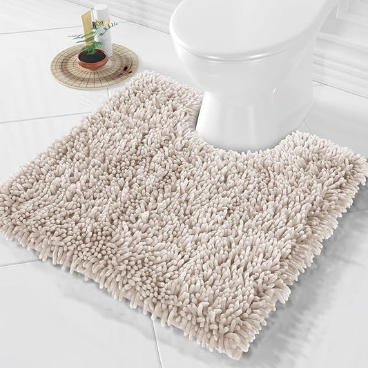 Yimobra Toilet Rugs U Shaped Washable, Extra Thick Soft Absorbent Chenille Contour Bathroom Rugs for Toilet 24x24 Inch, Quick Dry Non Slip Toilet Mat for Bath Floor, Khaki