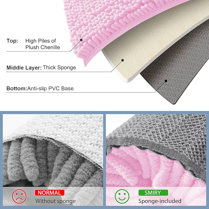 Smiry Luxury Chenille Bathroom Rugs 30x20, Extra Soft and Absorbent Shaggy Bath Mat, Machine Washable, Non-Slip Plush Carpet Runner for Tub, Shower, and Floor, Home Decor Accessories, Pink