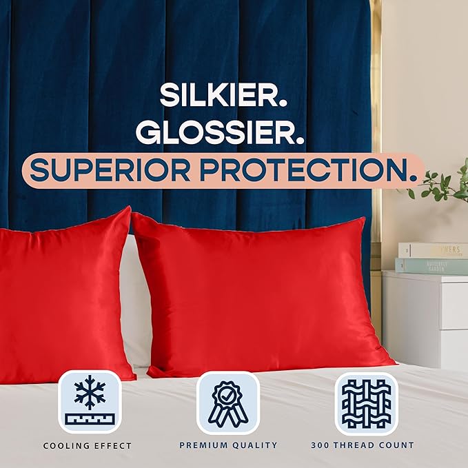 Satin Pillowcase with Zipper, for Hair and Skin Care, Feels Soft and Cool Like a Silk Pillowcase, Red Satin Pillow Cases Set of 2, Slik Pillow Cover, Standard Size - 2 Pack