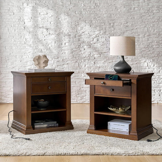 HULALA HOME Wood Nightstand with Tray and Storage Shelves, Traditional Design with Roman Column, End Table with Charging Station/LED, Walnut