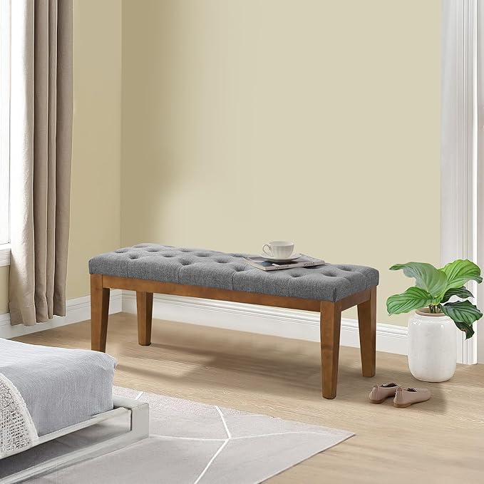 HUIMO Bedroom Bench End of Bed, Upholstered Dining Bench for Kitchen, Button-Tufted Entry Bench, Fabric Ottoman Bench for Living Room, Entryway,Grey, BEN2-4