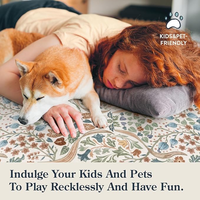 Lahome Floral 8x10 Rugs for Bedroom, Washable Beige Area Rug for Nursery Playroom, Botanical Soft Boho Carpet for Kids Room, Living Room Indoor