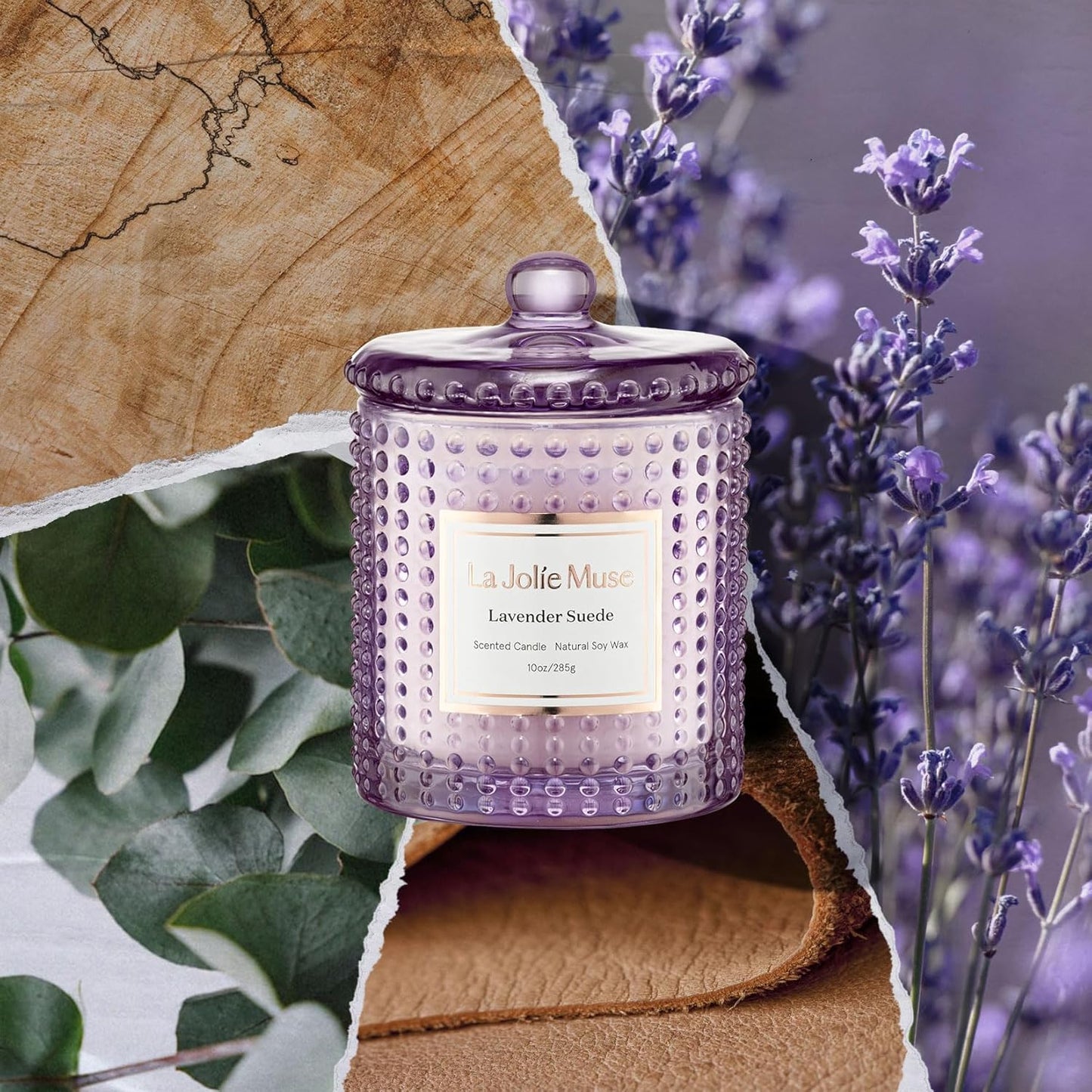 LA JOLIE MUSE Lavender Suede Candle - Lavender, Eucalyptus, Sandalwood | 10 oz Natural Soy Wax | 55 Hours Clean Burn | Aromatherapy Candle | Perfect for Relaxation, Self-Care and Meditation