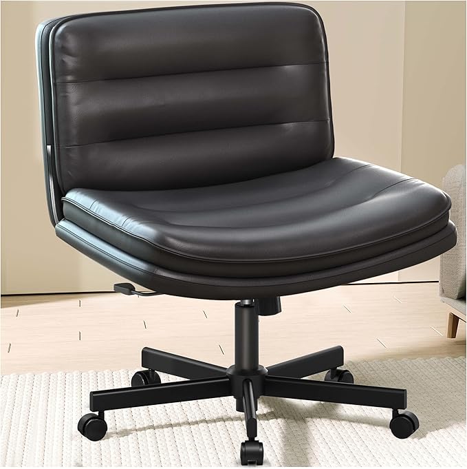 COMHOMA Cross Legged Office Chair with Wheels Armless Office Desk Chair, Modern Vanity Computer Task Chairs for Home Bedroom, Comfortable Wide Seat for Lower Back Pain Relief, PU Leahter, Black