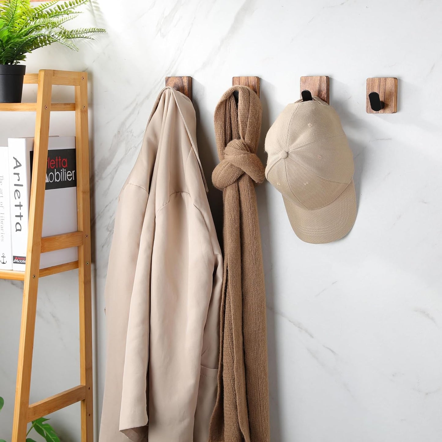 DELITON Towel Hooks for Bathrooms Adhesive, Wood Wall Hooks for Hanging Towels, Robes, Key, No Damage, 4 Pack Utility Hooks for Bathroom and Bedroom