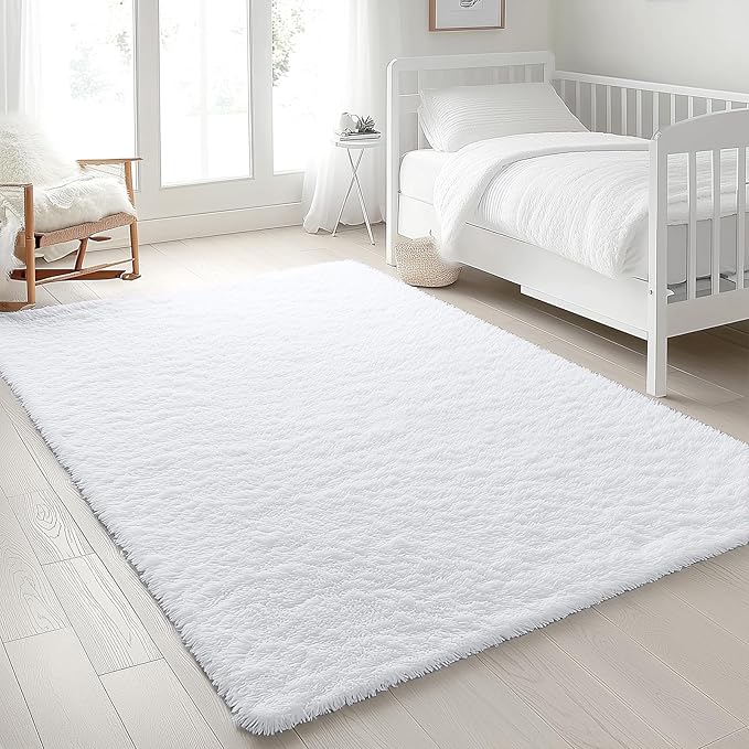 OLANLY 8x10 Machine Washable Large Area Rugs for Living Room, Bedroom, Soft Fluffy Shaggy Bedside Rug, Indoor Floor Carpet for Kids Girls and Boys, Dorms, Nursery, Home Decor Aesthetic, White