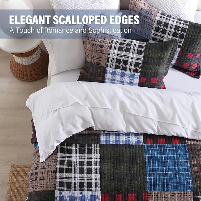 NEWLAKE Quilt Set King Size, Cotton Patchwork Blue Black Checkered Patterns Quilt Sets, Reversible Bedspread Lightweight and Breathable for All Seasons, Soft Quilted Bedspread with 2 Pillow Shams