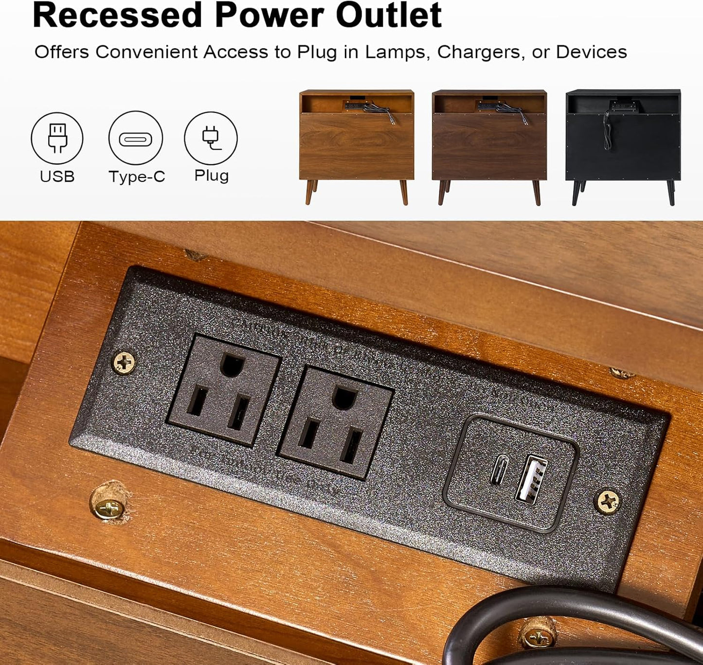 HULALA HOME Mid-Century Modern Nightstand, 3-Drawers Nightstand with Charging Station(Acron)