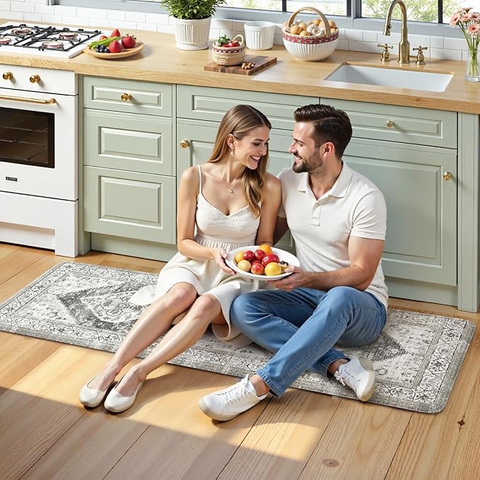 KIMODE Kitchen Runner Rug,17.3" x 59" Farmhouse Anti Fatigue Kitchen Mats for Floor Cushioned,Non-Slip Waterproof Comfort Thick Kitchen Floor Standing Mat for Front Sink,Laundry Room,Grey