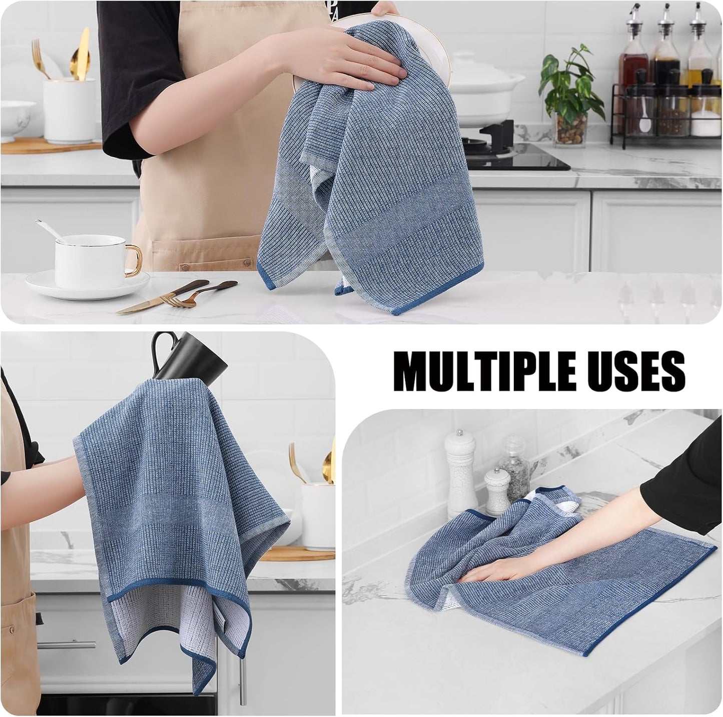 Homaxy Premium Kitchen Towels(18”x 28”, 6 Pack), Large Cotton Kitchen Hand Towels, Flat and Terry Dish Towels, 380 GSM Highly Absorbent Tea Towel Set with Hanging Loop, Navy Blue