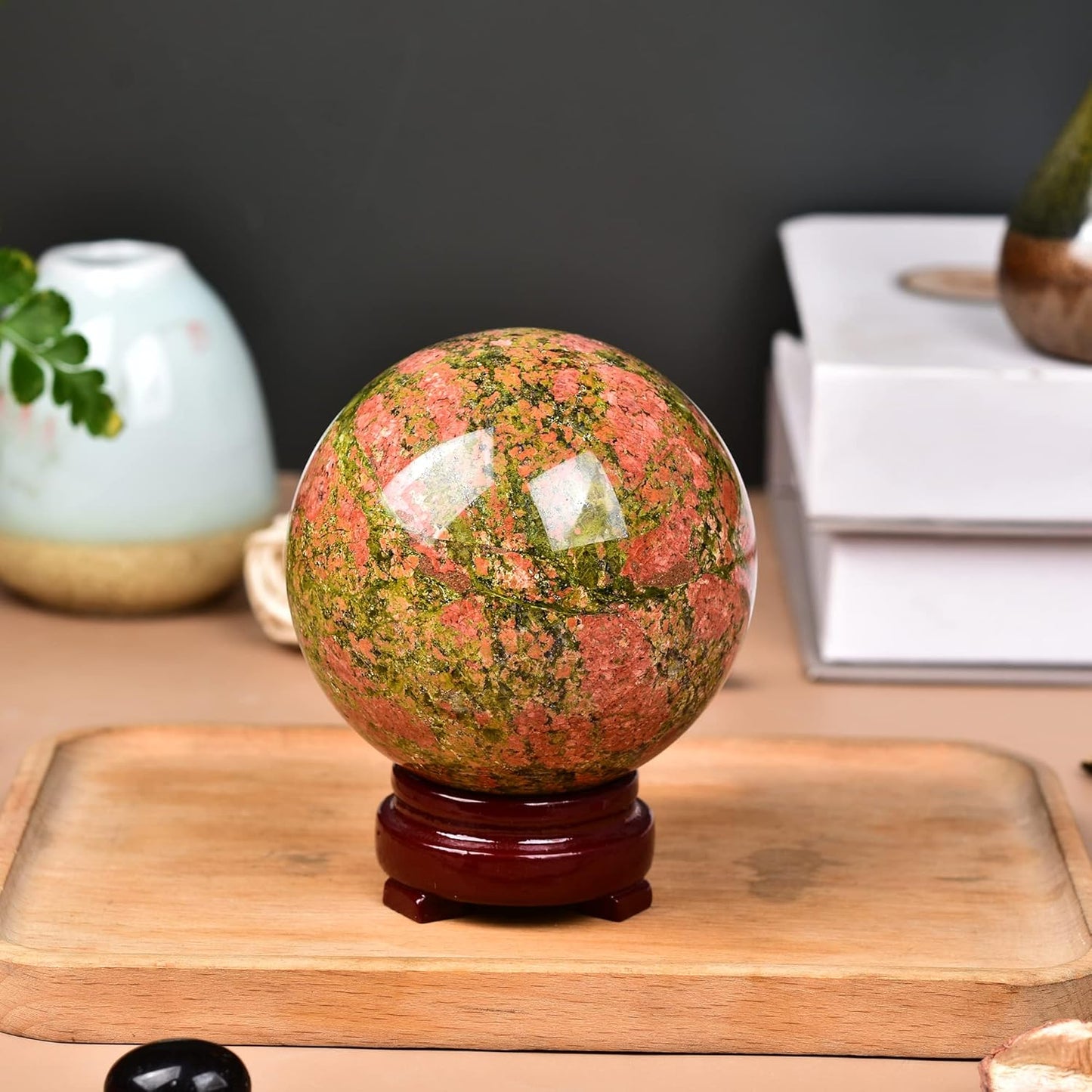 JIC Gem Small Crystal Sphere Ball Natural Unakite Stone Healing Crystal Ball with Decoation Stand for Fengshui Meditation Decoation (60-70mm)