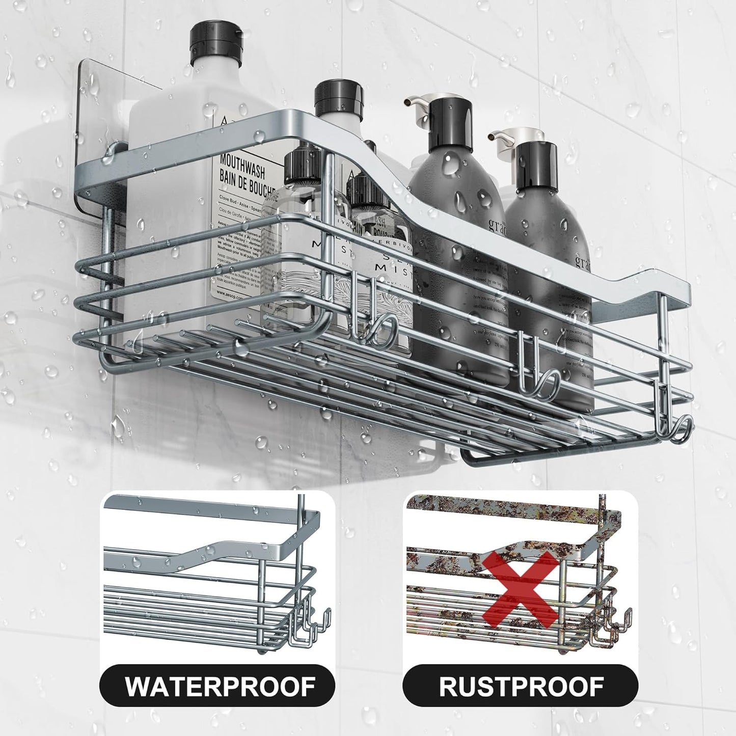 Orimade Shower Caddy Basket Shelf Storage Rack, No Drilling Wall Mounted Adhesive Rust Proof Stainless Steel Shower Organizer with 5 Hooks for Bathroom, Light Blue Grey 2 Pack