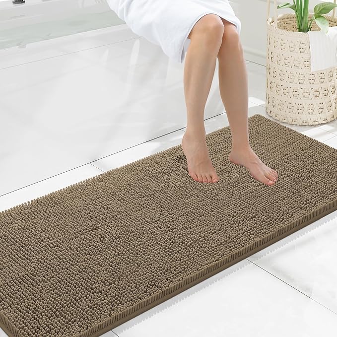 Smiry Luxury Chenille Bathroom Rugs 59x20, Extra Soft and Absorbent Shaggy Bath Mat, Machine Washable, Non-Slip Plush Carpet Runner for Tub, Shower, and Floor, Home Decor Accessories, Camel