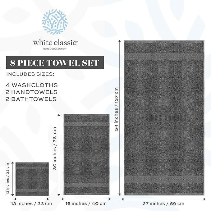 White Classic Luxury Bath Towel Set of 8 Pieces - 100% Turkish Cotton Highly Absorbent Towels for Bathroom, 2 Luxury Bath Towels 700GSM, 2 Hand Towels, 4 Washcloths, Dark Gray