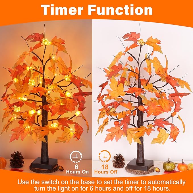 2 Pack 24 Inch Fall Maple Tree with 48LED Battery Operated Lighted Tabletop Artificial Tree with Pumpkin Acorn Maple Fall Centerpieces Indoor Fall Decorations for Home Office Thanksgiving Table Decor