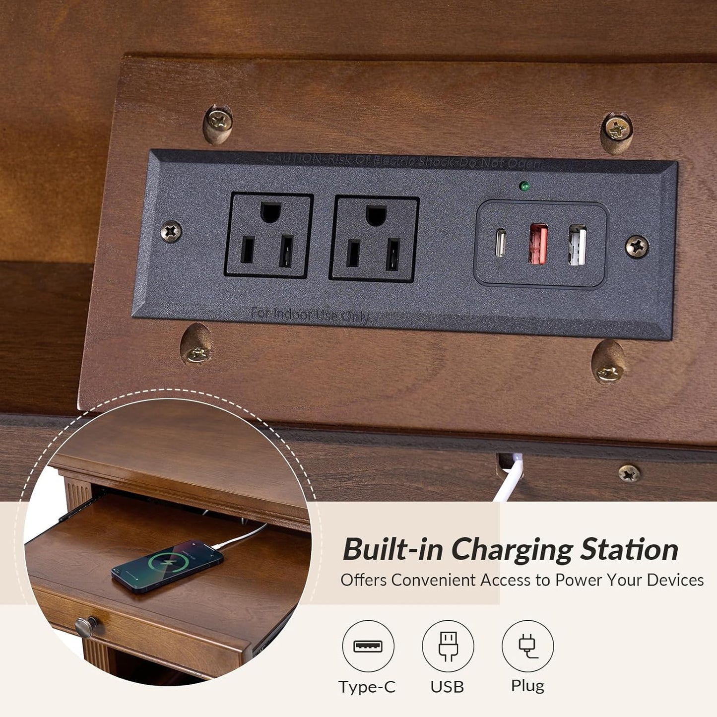 HULALA HOME Wood Nightstand with Tray and Storage Shelves, Traditional Design with Roman Column, End Table with Charging Station/LED, Walnut