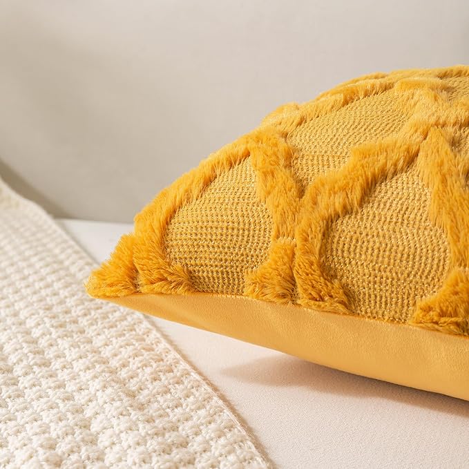 Set of 2 Soft Moroccan Throw Pillow Covers 22x22 Inch Plush Boho Decorative Pillow Cover Accent Cushion Case for Couch Sofa Bed, Mustard Yellow