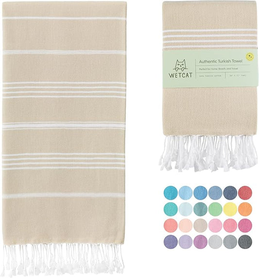 WETCAT Turkish Beach Towel Oversized (38"x71") 100% Turkish Cotton, Made in Turkey - Sand Free, Extra Large, Ultra Soft, Quick Drying, Compact & Lightweight for Travel - Beige