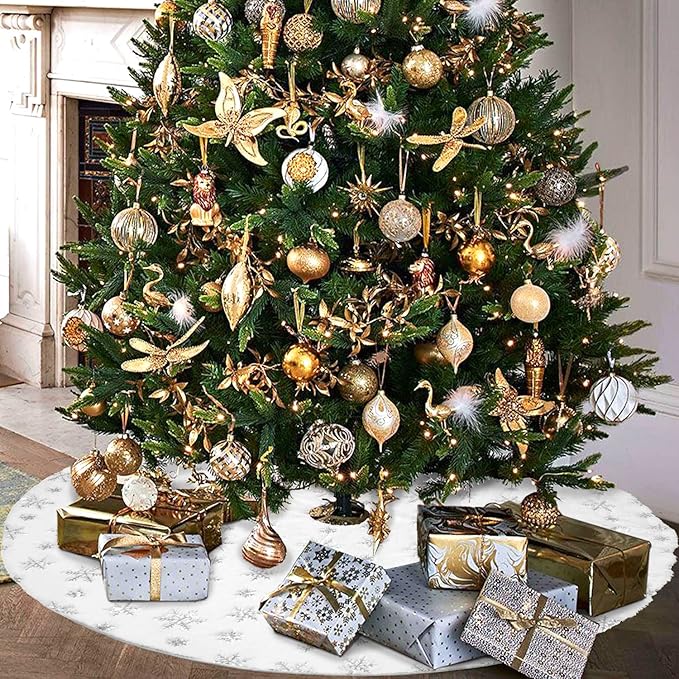 Hommtina Christmas Tree Skirt 48 Inches White Tree Skirt,Christmas Tree Decorations Faux Fur Tree Skirt for Xmas Holiday Home Party Decorations Ornaments(Snowflake)