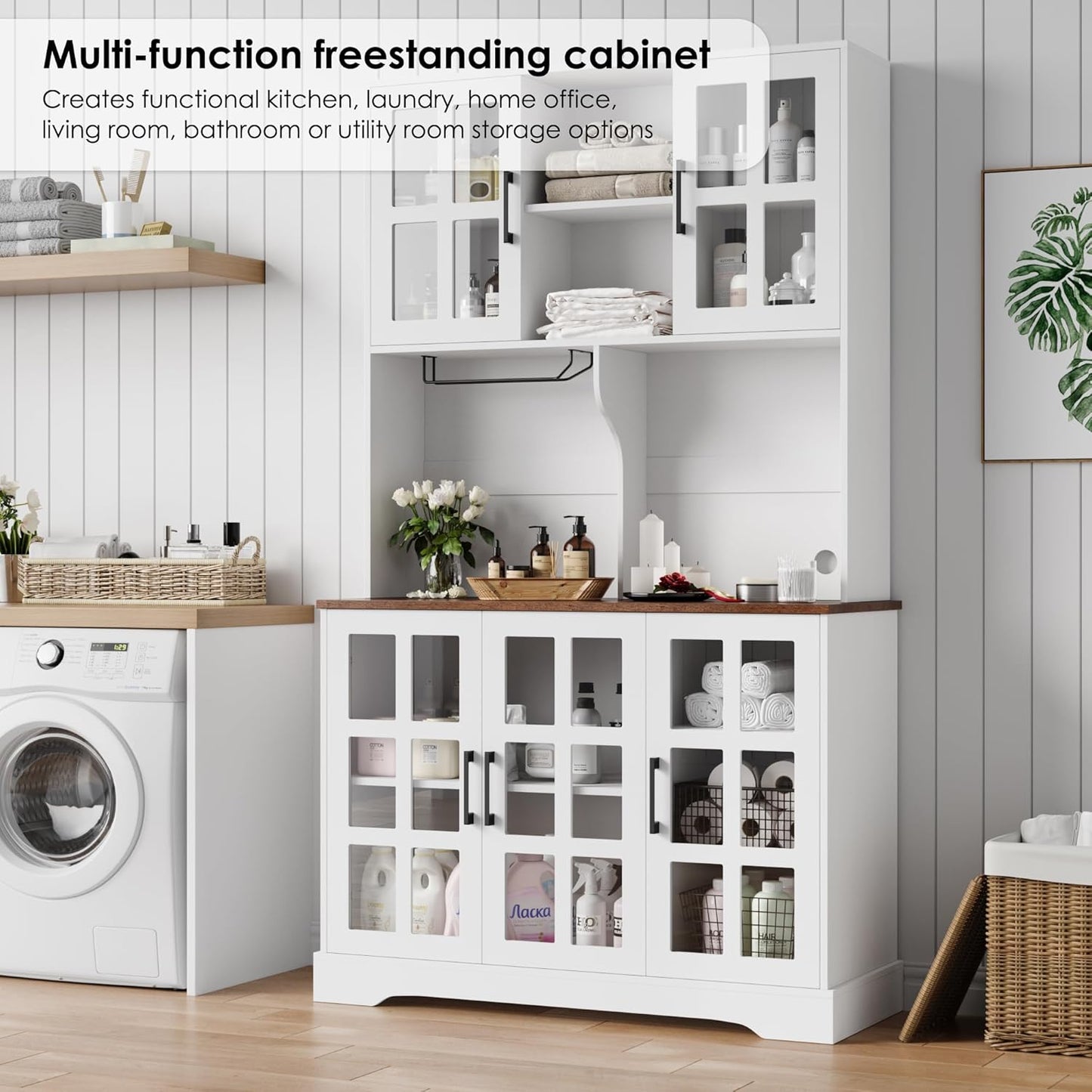 Keyluv Kitchen Pantry Storage Cabinet 71" Tall Freestanding Pantry Cabinet, Farmhouse Glass Door Buffet with Oven Countertop, Large Wood Hutch for Kitchen, Living Room and Dining Room, White