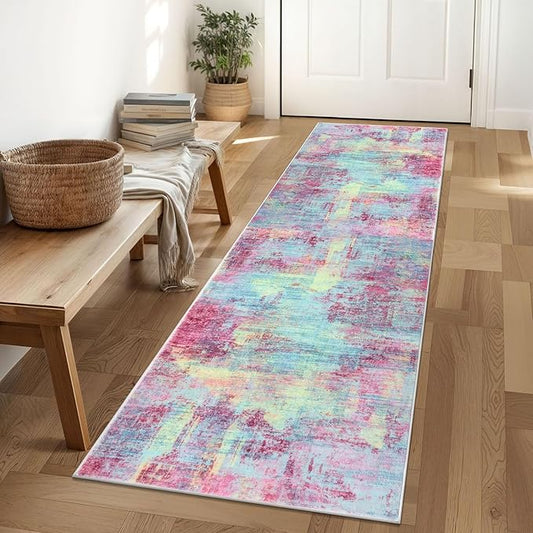 IOHOUZE Abstract Runner Rug 2x6 Ft Washable Runners for Hallways, Non Slip Kitchen Runner Printed Faux Wool Entryway Runner Indoor, Modern Abstract Floor Carpet for Hall Kitchen Bedroom, Pink Teal