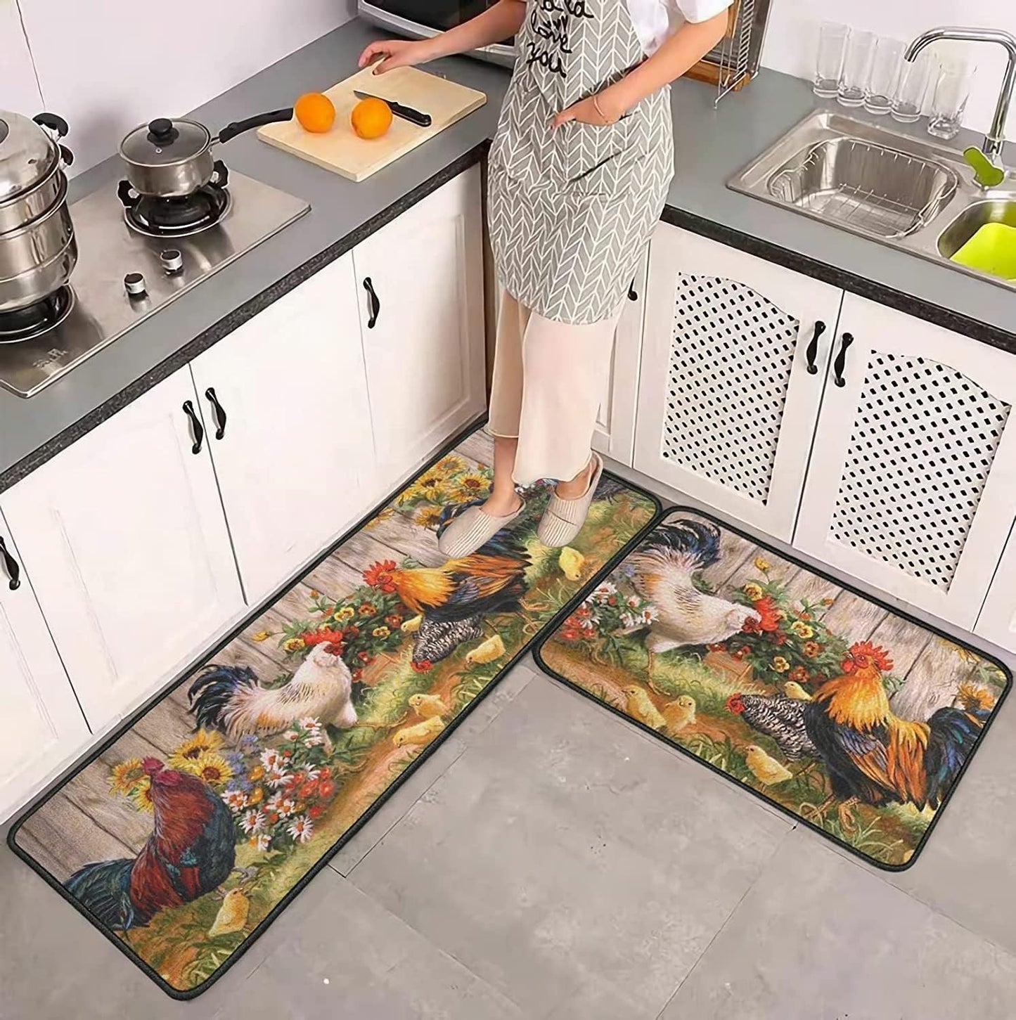 Rooster Kitchen Rugs 2 Piece Set Sunflower Decor Kitchen Floor Mat, Microfiber Washable Runner Rugs, Farmhouse Chicken Decorations Kitchen Mats,17"x47"+17"x30"