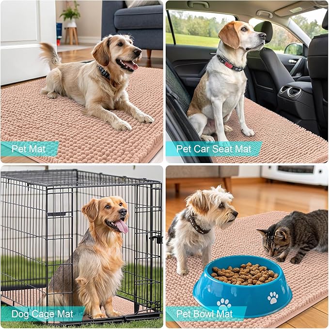 OLANLY Dog Door Mat for Muddy Paws 47x17, Absorbs Moisture and Dirt, Absorbent Non-Slip Washable Doormat, Quick Dry Chenille Mud Mat for Dogs, Entry Indoor Entryway Carpet for Inside Floor, Peach