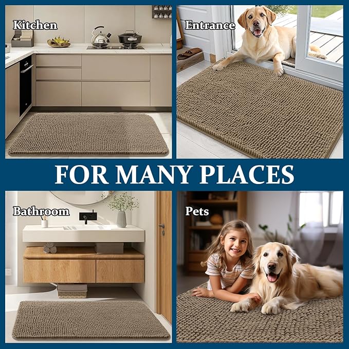 OLANLY Dog Door Mat for Muddy Paws 36x24, Absorbs Moisture and Dirt, Absorbent Non-Slip Washable Doormat, Quick Dry Chenille Mud Mat for Dogs, Entry Indoor Entryway Carpet for Inside Floor, Tan