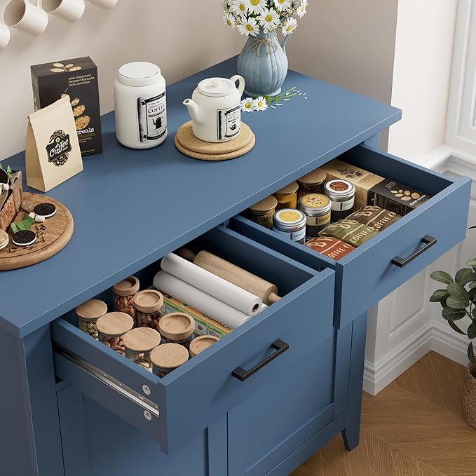 HORSTORS Kitchen Storage Cabinet, Modern Farmhouse Buffet Cabinet with Storage, Coffee Bar with 2 Drawers and 2 Doors, Floor Sideboard Buffet for Living Room, Dining Room, Bathroom, Blue