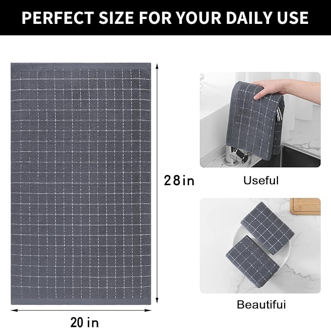 Homaxy 100% Cotton Terry Kitchen Towels(Dark Grey, 20 x 28 inches), Checkered Designed, Soft and Super Absorbent Dish Towels, Large 4 Pack
