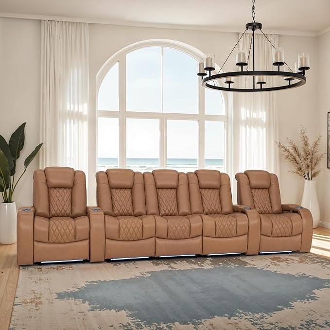 Seatcraft Diamante Zero-Gravity CoolZero Italian Leather Home Theater Seating, Power Headrest, Power Recline, Row of 5 Middle Sofa, Tan Oak