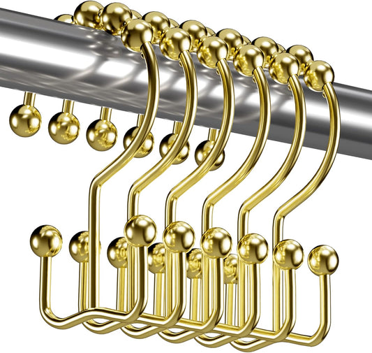 Titanker Gold Shower Curtain Hooks Rings, Rust-Resistant Metal Double Glide Shower Hooks Rings for Bathroom Shower Curtains Rods, Set of 12 Hooks - Gold