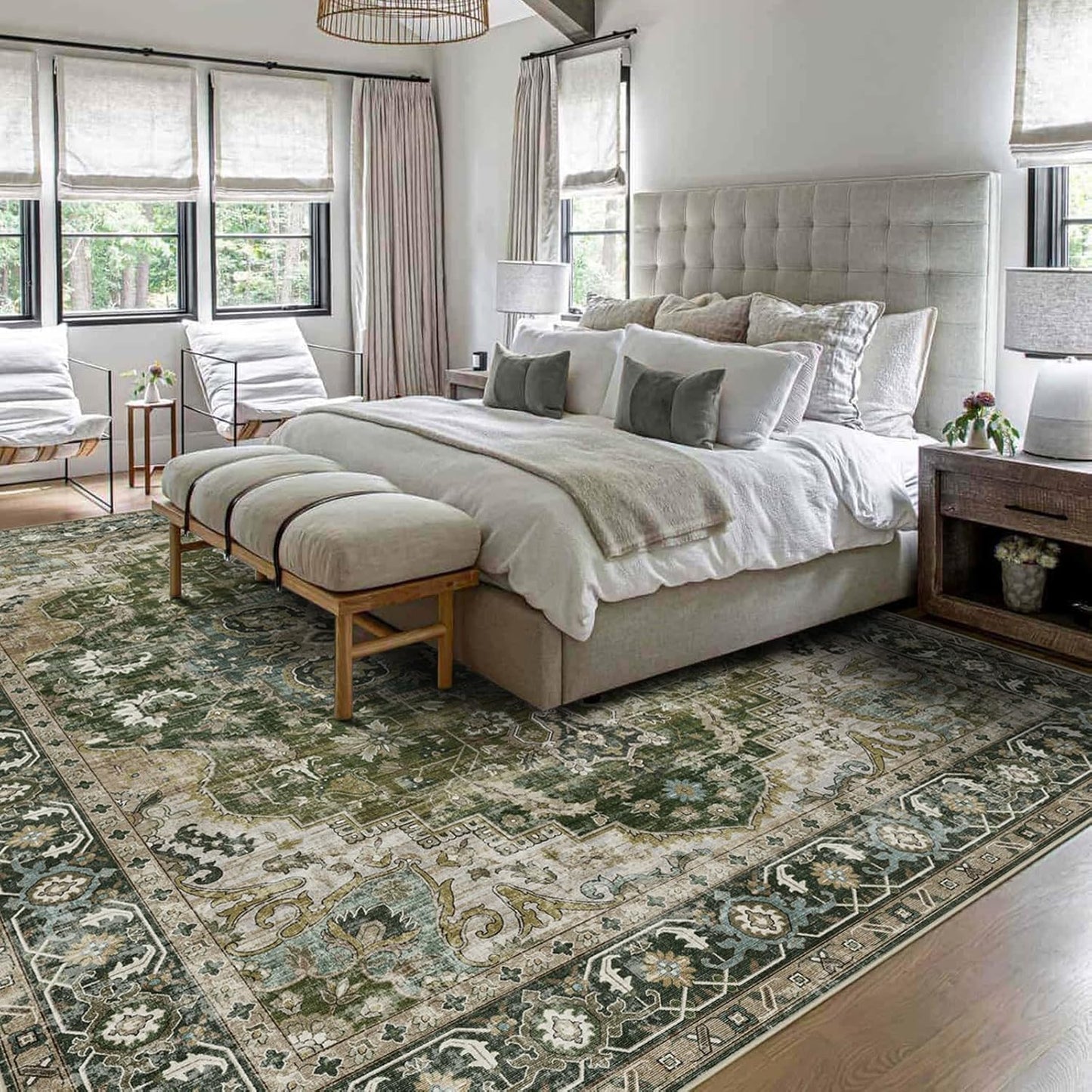 Area Rugs 9x12 Living Room - Large Washable Moss Green Boho Rugs for Bedroom Soft Vintage Rug Ultra-Thin Farmhouse Oriental Carpet Stain Resistant Rug for Dining Room Guest Room Home Decor