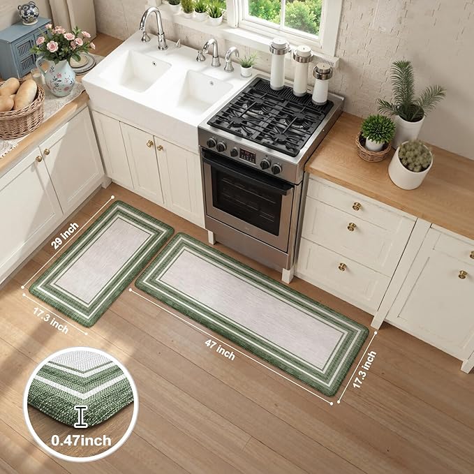 KIMODE Kitchen Mats Cushioned Anti Fatigue, Farmhouse Christmas Kitchen Rugs Sets of 2, Non Slip Kitchen Mats for Floor, Comfort Kitchen Floor Mats for Sink Laundry Desk 17"x47"+17"x29" Green