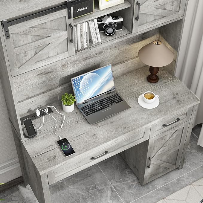 Farmhouse 47" Executive Desk, Computer Desk with Drawers and Storage Cabinet, Workstation with Hutch for Home Office