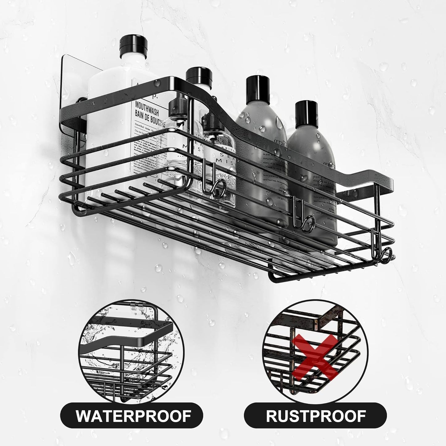 Orimade Shower Caddy Basket Shelf Storage Rack, No Drilling Wall Mounted Adhesive Rust Proof Stainless Steel Shower Organizer with 5 Hooks for Bathroom, Black 2 Pack
